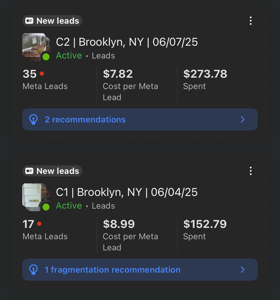 Facebook Ads Manager dashboard showing real campaign performance data with leads and cost per lead metrics
