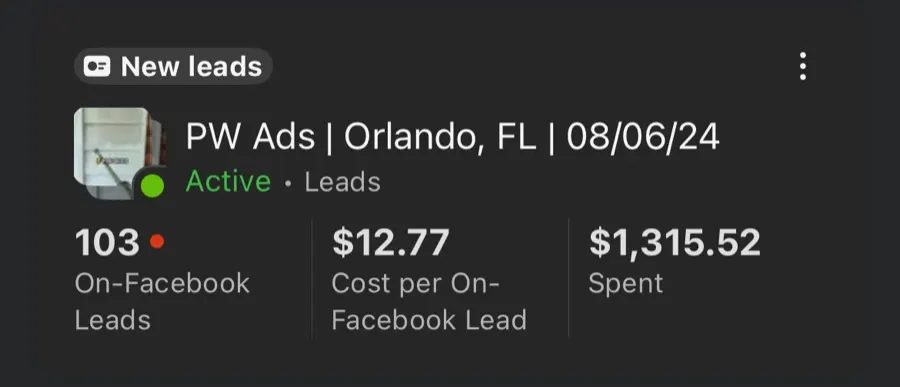 Meta Ads Manager screenshot from a client lead campaign in Orlando, FL