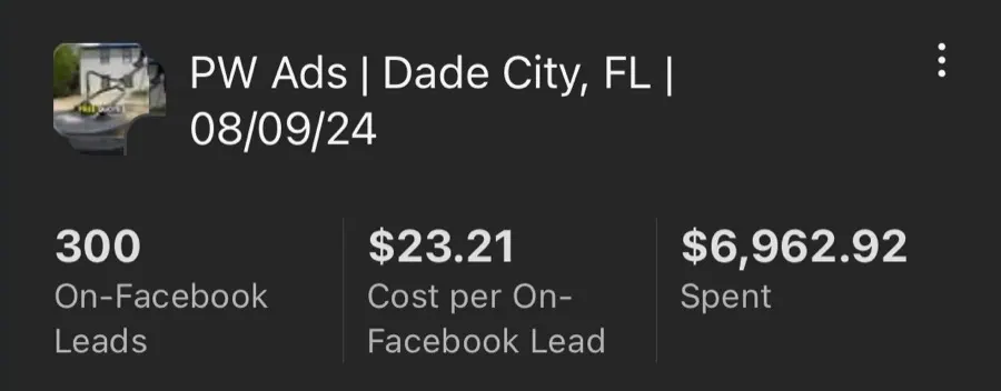 Meta Ads Manager screenshot from a client lead campaign in Dade City, FL