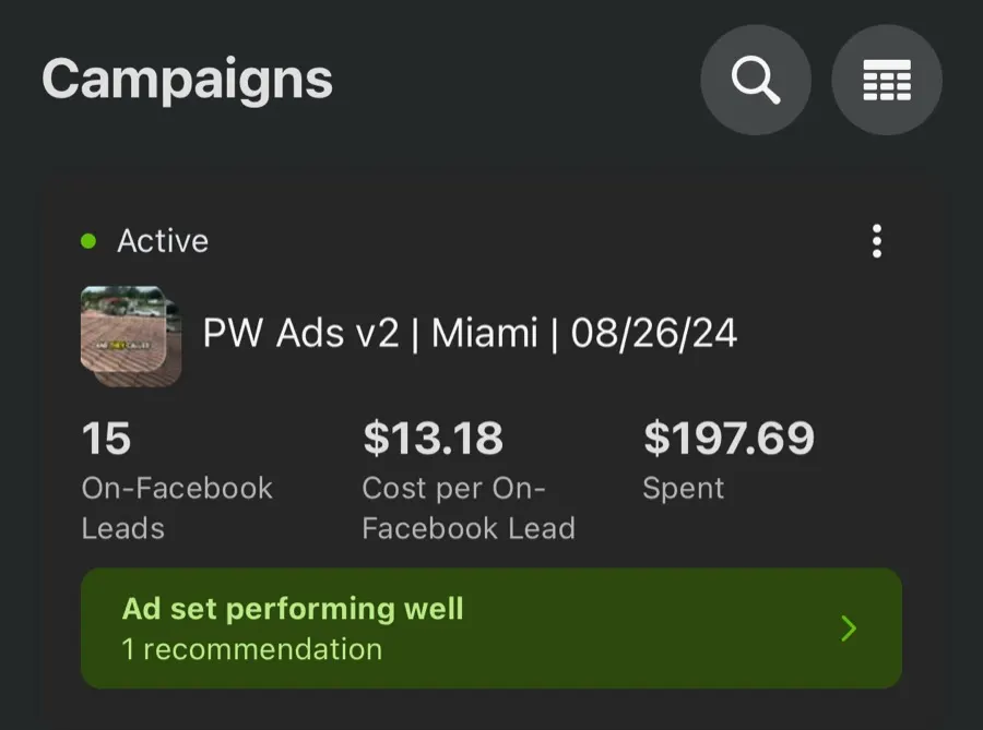 Meta Ads Manager screenshot from a client lead campaign in Miami, FL