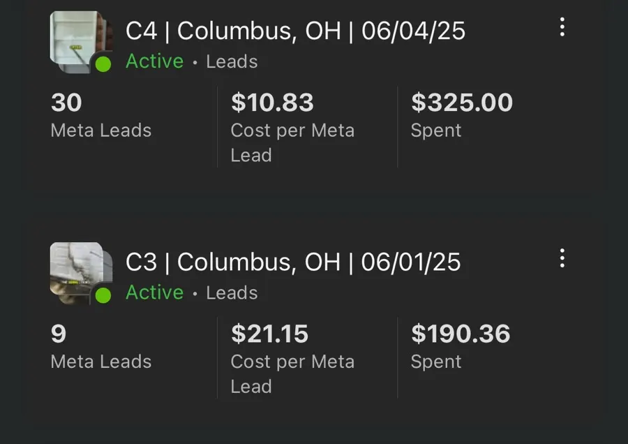 Meta Ads Manager screenshot from a client lead campaign in Columbus, OH