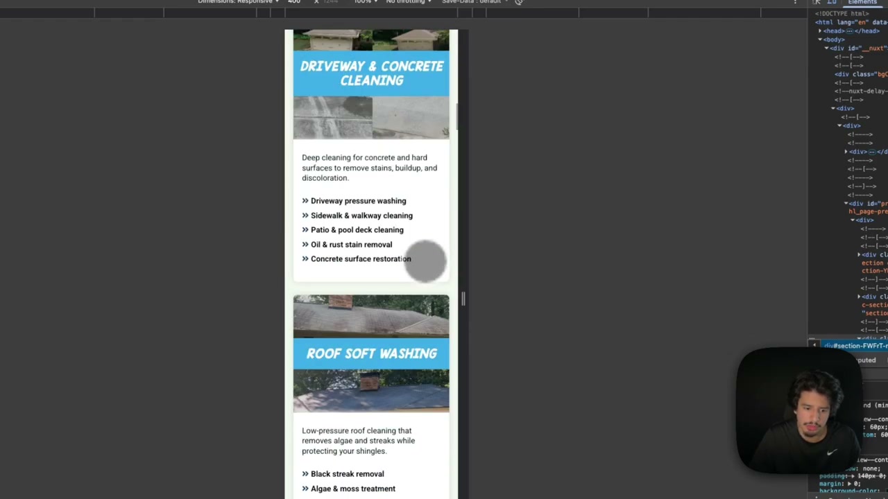 Website landing page with pressure washing content, reviews, and quote selection interface