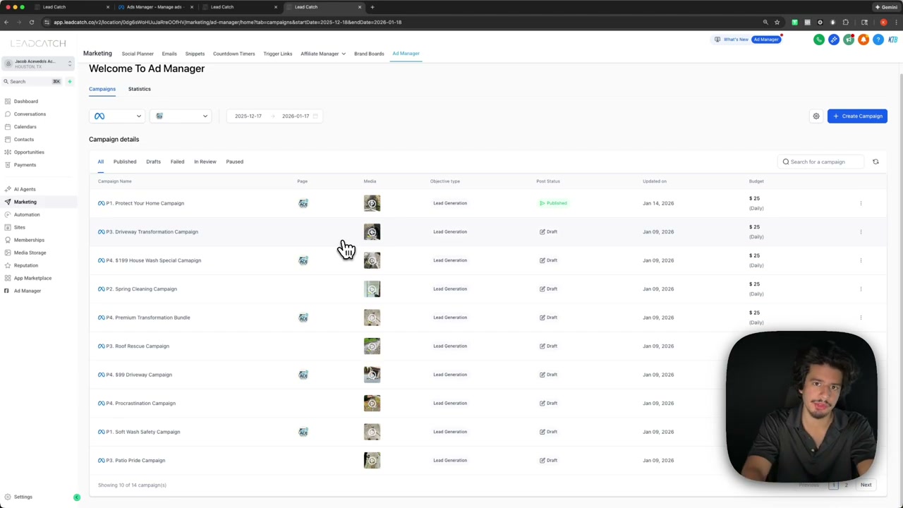 LeadCatch platform dashboard displaying pressure washing business tools including follow-up, website, phone, and invoicing features