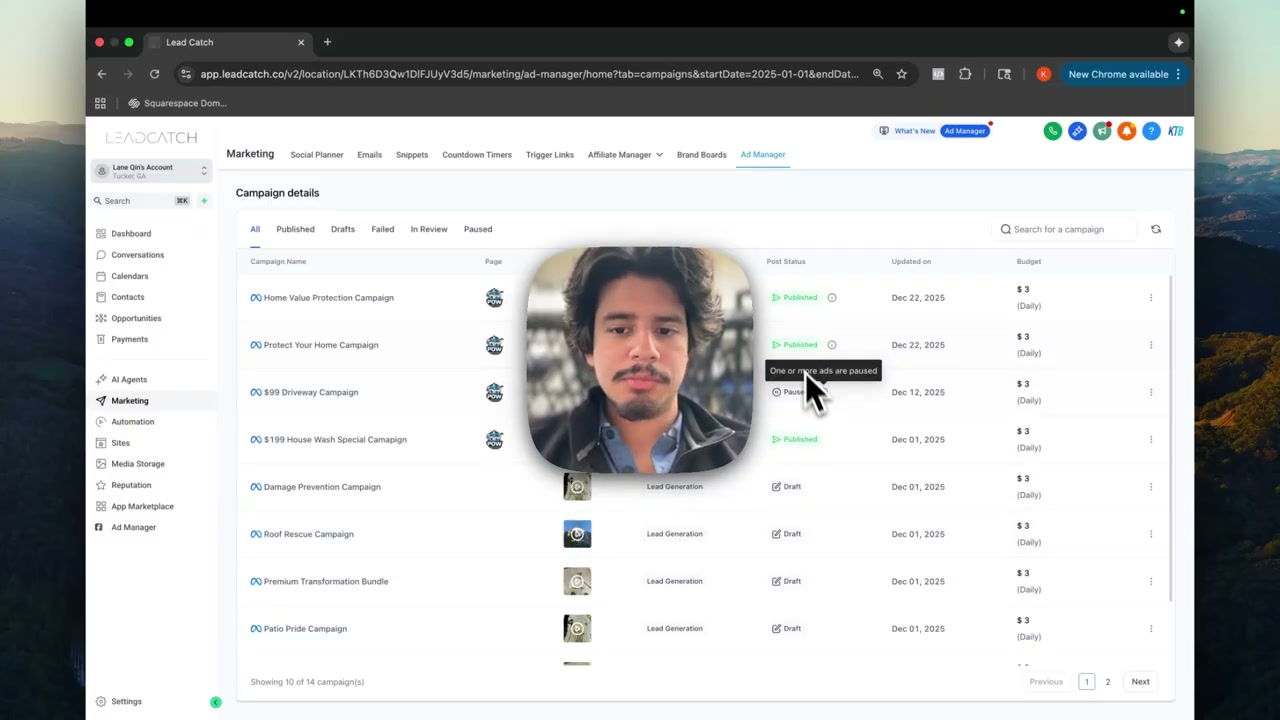 LeadCatch platform dashboard showing 14 campaigns with multiple ads and pause/active status controls