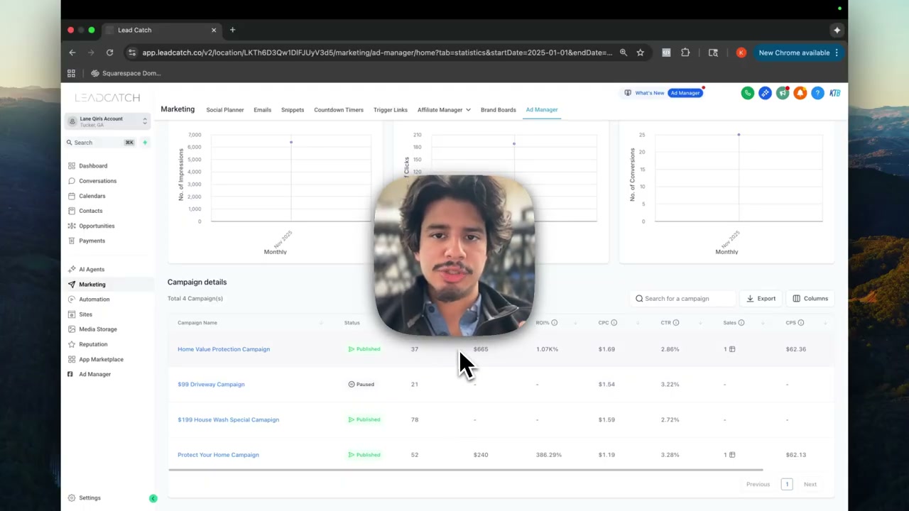 LeadCatch CRM interface displaying AI automation follow-up system and revenue tracking metrics