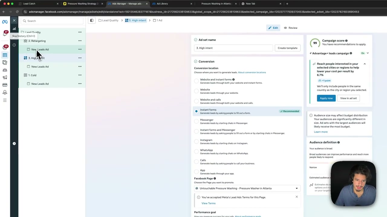 High-intent lead ad setup in Facebook Ads Manager with premium offer configuration