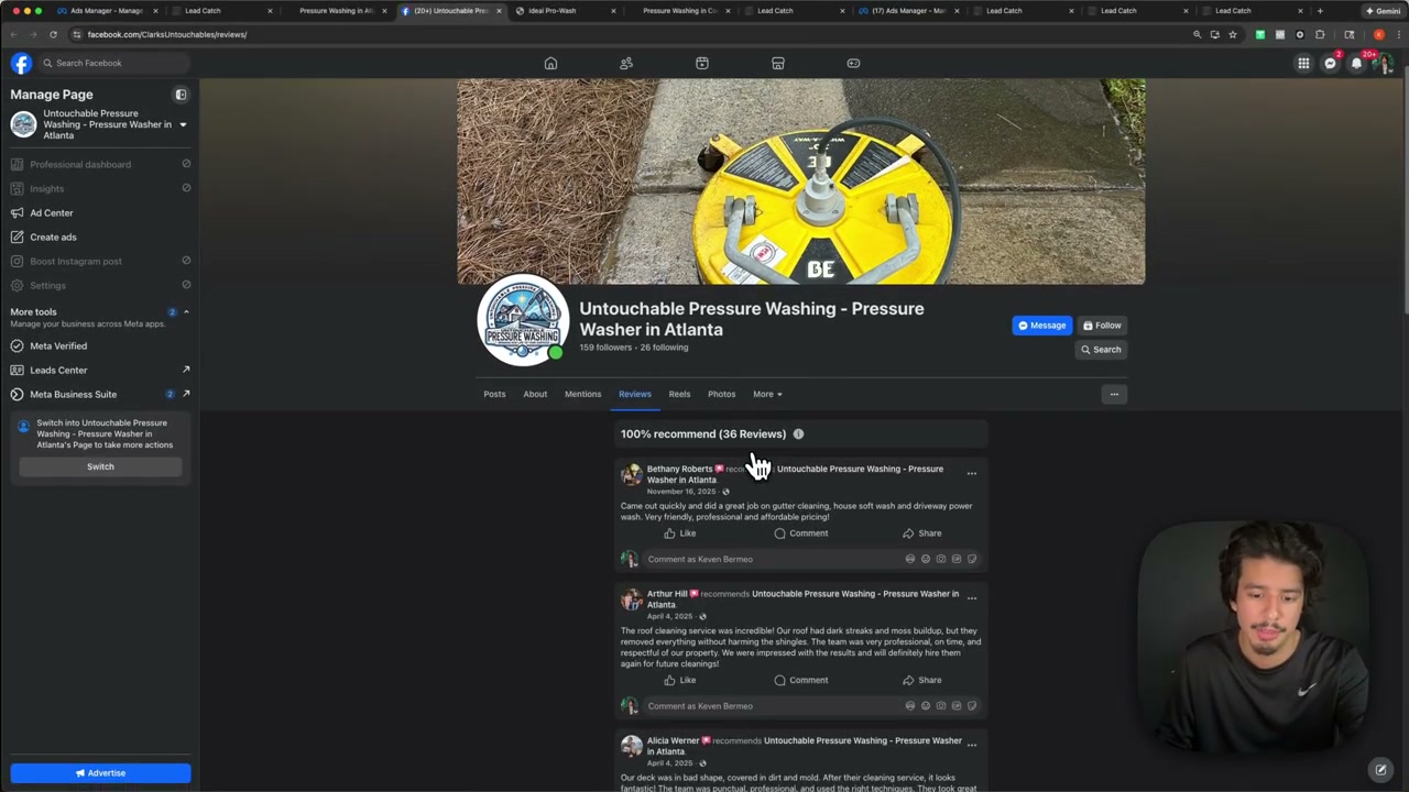 Facebook business page with review integration showing follower count and customer reviews